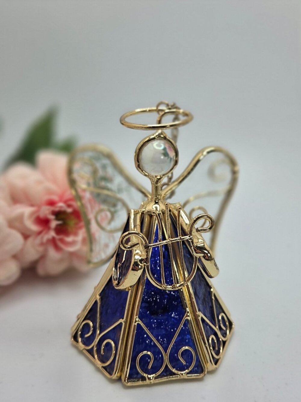 Stained Glass Ornament Cobalt Blue Angel with Harp and Swings Gold Trim